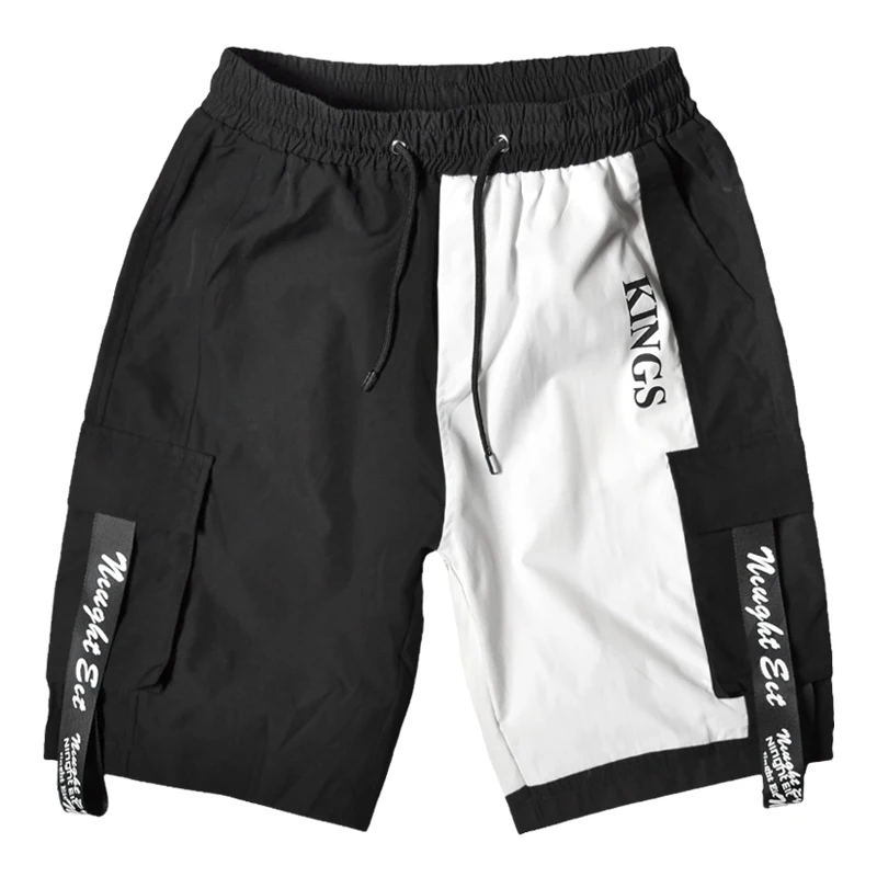 

Men summer black white patchwork hip hop cargo shorts man multi pockets casual shorts streetwear short homme
