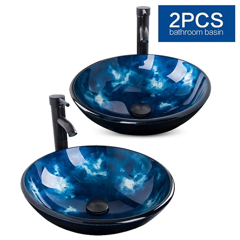 

2PCS Blue Bathroom Vessel Sink Ceramic Counter Top Bath Basin Bowl Faucet Drain Set