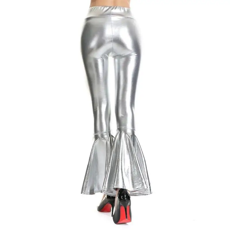 

Shiny PU Leather WetLook Bodycon High Waist Women Pants Ruffle Flare Bell-Bottoms Wide Leg Trousers Party Night Dance Clubwear