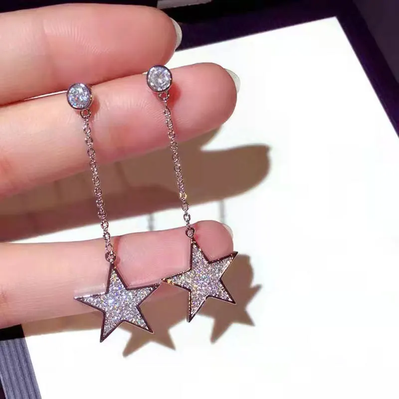 

Long Silver Color Stud Earrings with Bling Zircon Stone Star Cute Fashion for Women Korean Earrings 2021 New