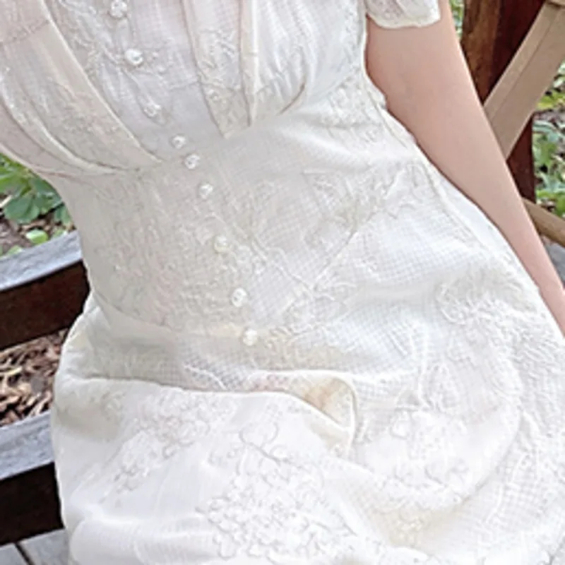 

French Dress Women Fairy Sweet V-neck Puff Short Sleeve Dresses High Waist Slimming Embroidery Elegant Midi Vestidos Summer New