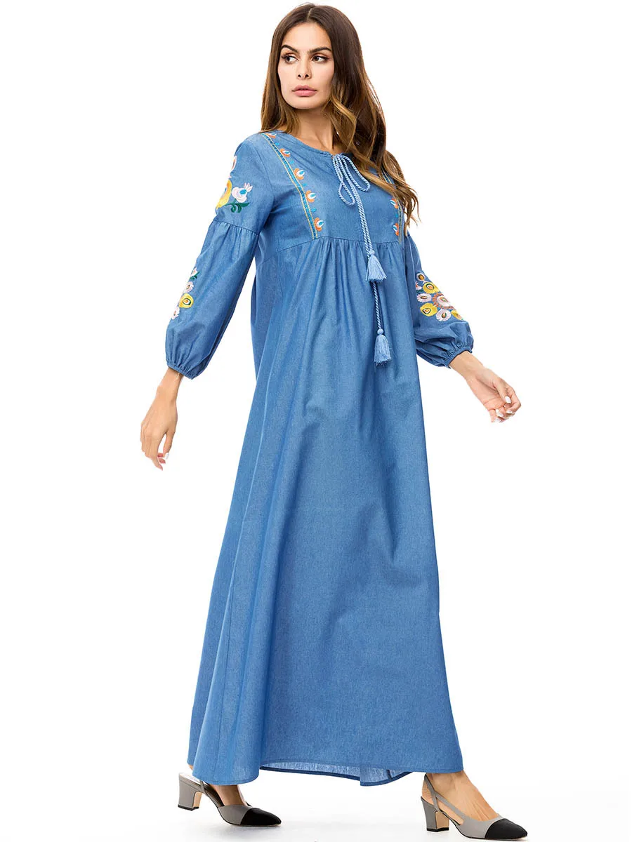 Muslim Robes Autumn Kaftan Gown Fashion Simple New Embroidered A Word Denim Skirt Loose Casual Dress | Тематическая одежда и