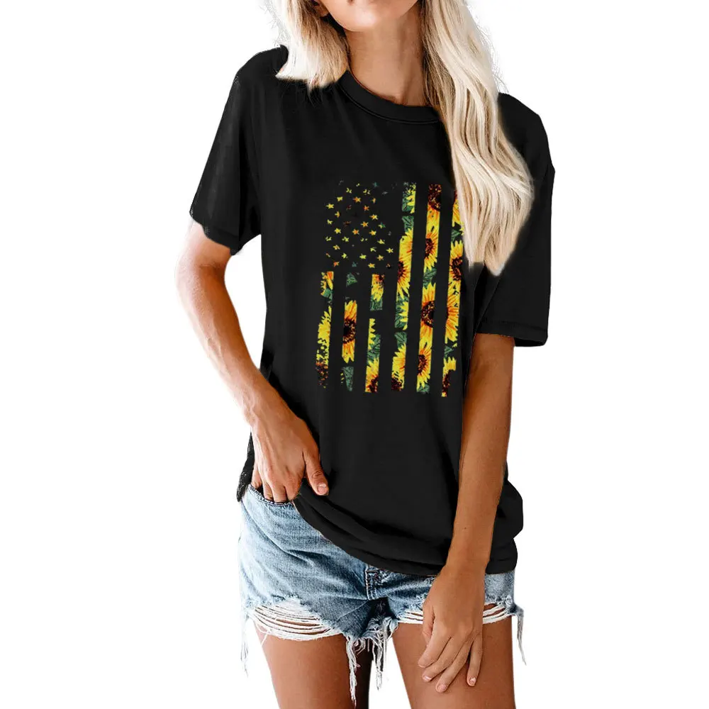 

Sunflower Flag Round Neck Short Sleeve Women's T-shirt Graphic Tee Women Clothes Aesthetic