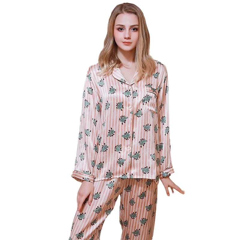 

China factory Real Silk Sleepwear Girl Pajamas Set Long Sleeve Pajamas Suit Female mulberry Silk Turn-downcollar Pyjama