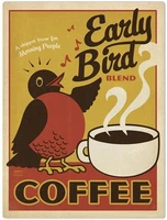 early bird coffee retro tin sign cafe wall plaque