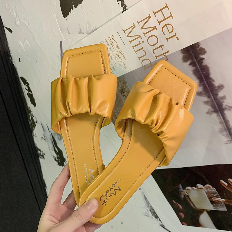 

Сланцы женские плиссированные, плоская подошва, квадратный носок, без застежки, повседневные модные тапочки, летняя обувь