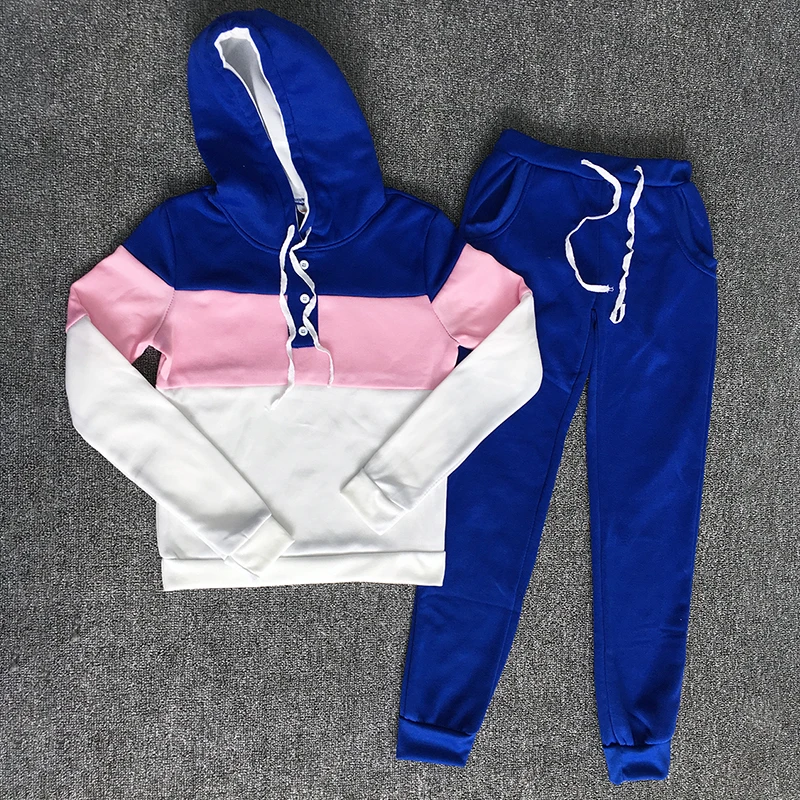 

2pcs set sportswear women sweatshirt long sleeve + long pant patchwork casual female streetwear autumn winter suits