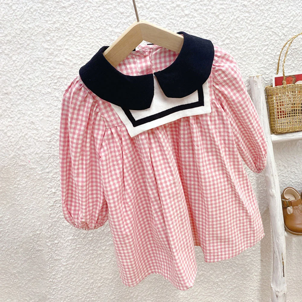 

Hollead Dresses Girls Doll Collar Japanese Plaid Loose Dresses Leisure Lovely Baby Girls Korean Elegant Length Sleeve Dress