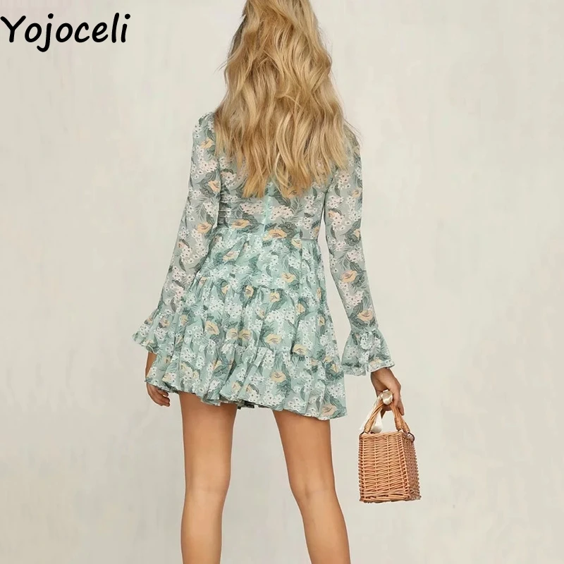 Yojoceli сексуальное шифоновое платье с принтом и рюшами Осеннее повседневное