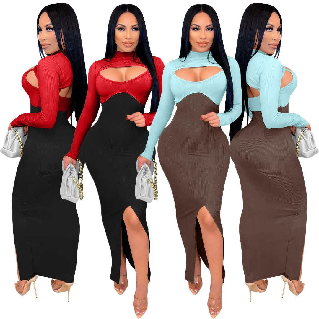 

winter knitted 2 piece dress sets long sleeve crop top and patchwork dress