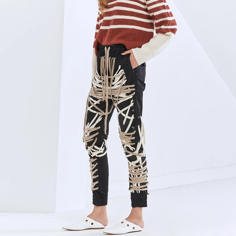 TWOTWINSTYLE Black Pant For Women High Waist Designer Bandage Patchwork Cross Full Length Streetwear Harem Pants Female 2020 New