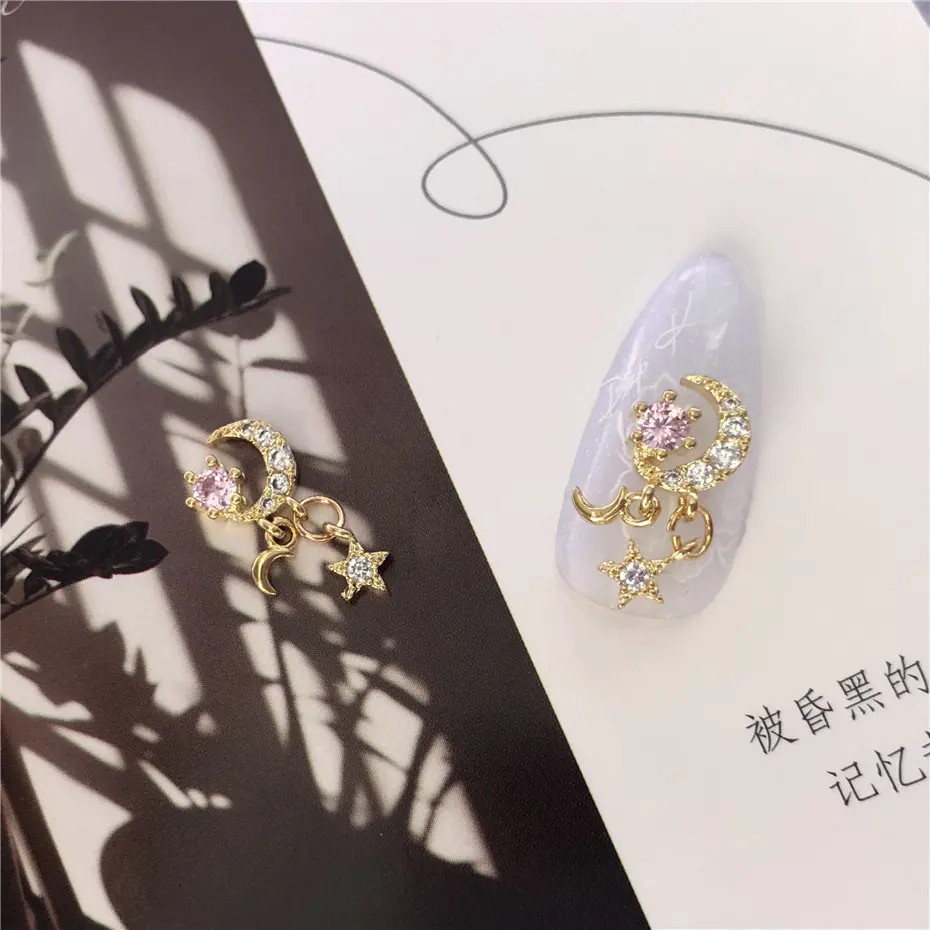 

5pcs/lot 3d Pink Zircon Alloy Star Moon Nail Art Decorations Crystal Pearl Rhinestones Nails Accessories Jewelry Supplies Charms