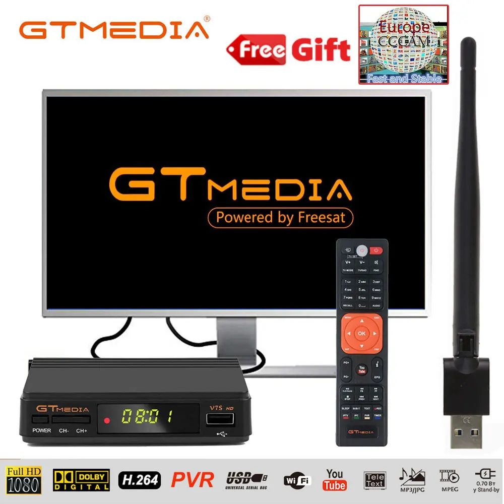 Freesat GT медиа V7S HD с 7 линиями Cccam Cline на 1 год Европа Испания Португалия V7 HD приемное устройство спутниковый приемник ТВ Декодер