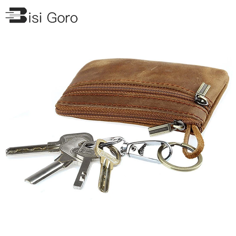 

BISI GORO Genuine Leather Coin Purses Credit Card Holders Money Bags Crazy Horse Pocket Key Wallets Mini Wallet Zipper Small Bag