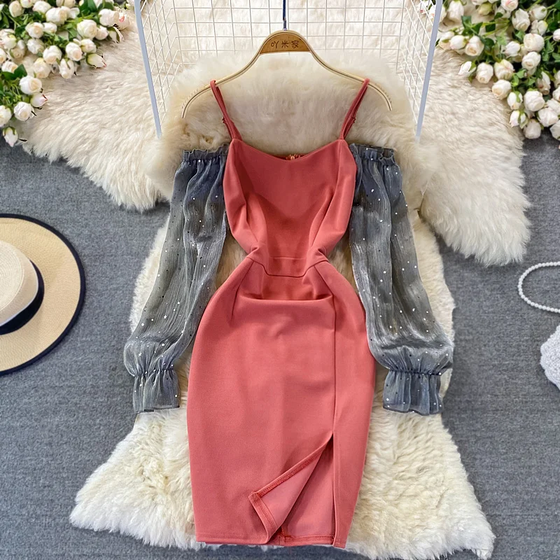 

French V-neck Spaghetti Strap Dress Girl's Off Shoulder Mesh Long Sleeve Medium Length Slim Cut Hip Wrap Dress 2021 New