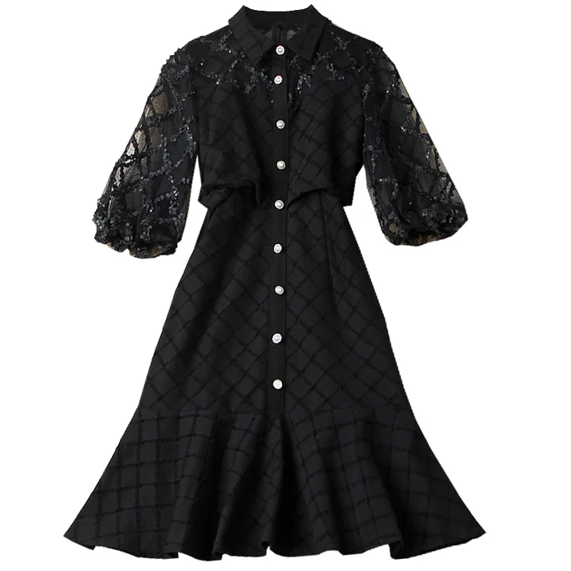 

Women mini sexy black dress spring summer 2021 designer denim jeans patchwork sequined lantern sleeve mesh dresses