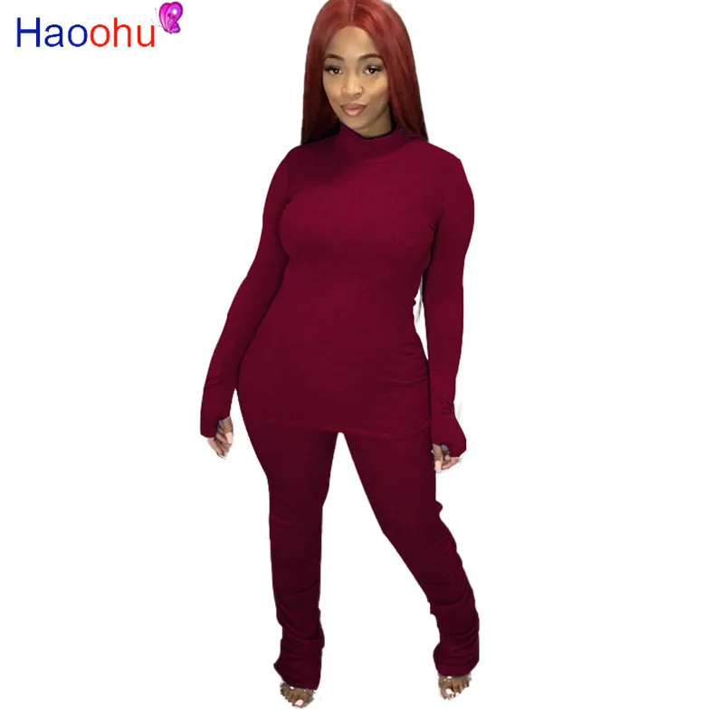

HAOOHU Two Piece Set Fall Clothes for Women Tracksuit Turtleneck Top and Stacked Pants Lounge Wear Outfits Matching Sets
