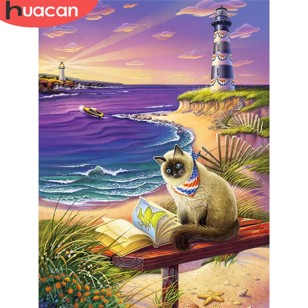 

HUACAN 3D Алмазная мозаика Кот животные со стразами для алмазной живописи Маяк пейзаж мозаика Приморский рукоделие Декор для дома