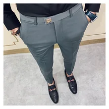 Pantalon coréen Slim Fit pour hommes, Streetwear décontracté, longueur cheville, haute qualité, noir et gris, costume, 2021, nouveauté  (4)