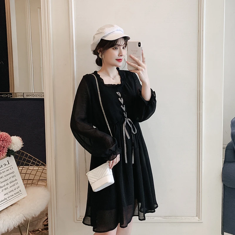 Spring Pregnant Women Chiffon Dress Plus Size Long Lantern Sleeve Drawstring High Waist Square Collar Maternity Black Loose | Мать и