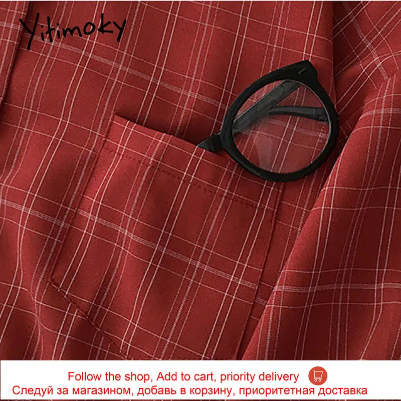 

Yitimoky Red Plaid Blouse Women Long Sleeve Button Up Tops Vintage Casual Shirts Spring Cotton Korean Single Breasted Clothes