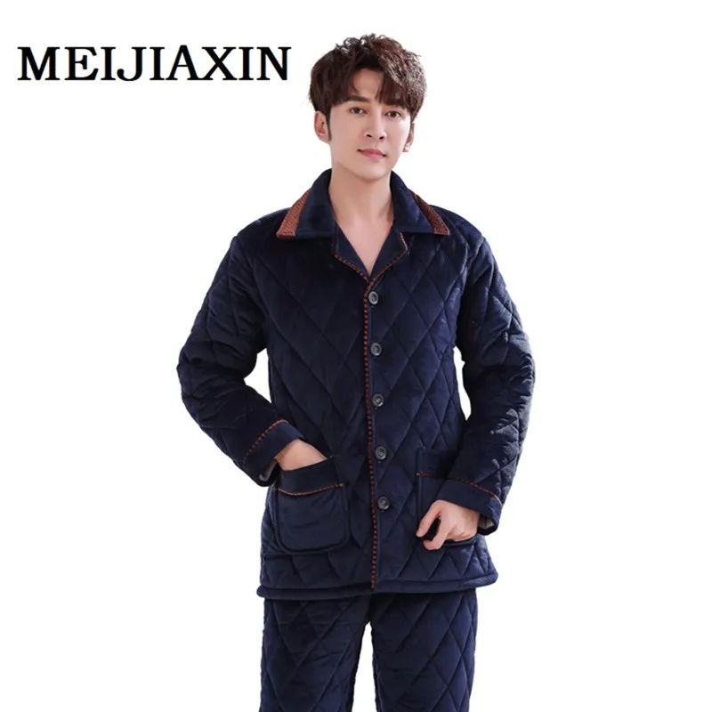 Winter Thick Warm Three Layer Cotton Men Sleepwear Suit Long Sleeve Turn-down Collar Loose Soft 3XL Male Pajamas