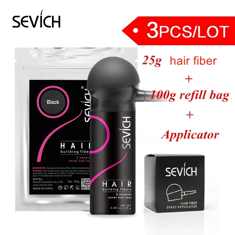 Sevich-recambio de polvo de Color de fibra para construcción del cabello, aplicador de extensión de queratina, Spray para adelgazamiento del cabello, 100g + gel 25g, 3 unids/lote