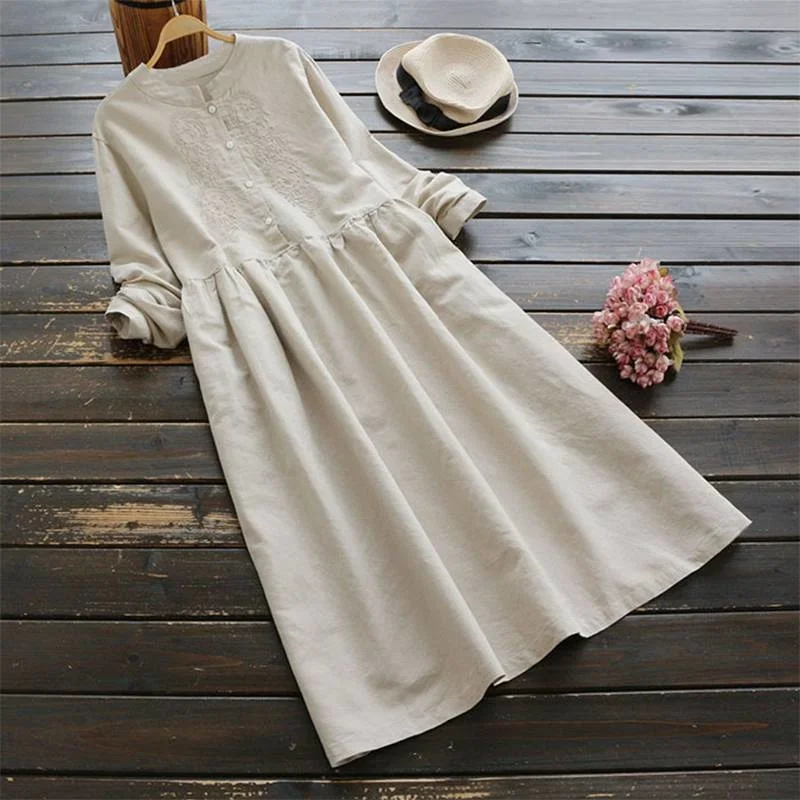 

2021 Autumn Embroidery Long Shirt Dress ZANZEA Vintage Casual Cotton Linen Vestidos Women Long Sleeve Sundress Kaftan