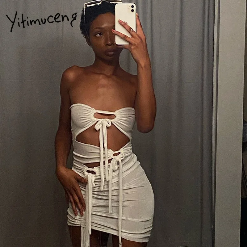 Yitimuceng Irregular Dress Women White Cut Out Ties Crossed Lace Up Backless Sexy Strapless Folds Mini Dresses 2021 Summer | Женская