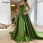 Verngo Новое переливающееся Зеленое Длинное Вечернее Платье трапециевидной формы с поясом на пуговицах с бантом и карманами из тафты 2021 выпускное платье