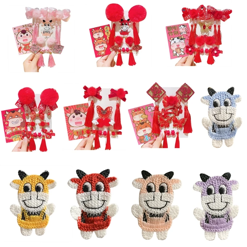 

New Year Chinese Style Hair Accessories Baby Girls Furry Ball Bows Tassel Hair Clips Knit Cow Cattle Cartoon Barrettes