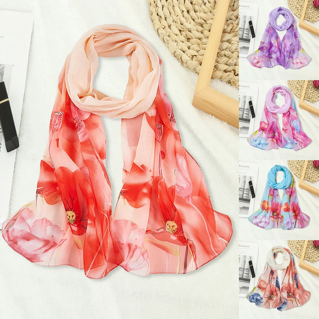 Фиолетовый цветочный принт Женский шифоновый Длинный мягкий шарф Женская шаль