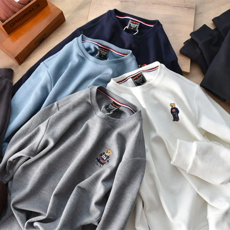 

Толстовки с капюшоном в американском ретро-стиле с Вафельной вышивкой, Мужской пуловер из чистого хлопка с потертостями и круглым вырезом, трикотажная повседневная спортивная одежда с длинными рукавами