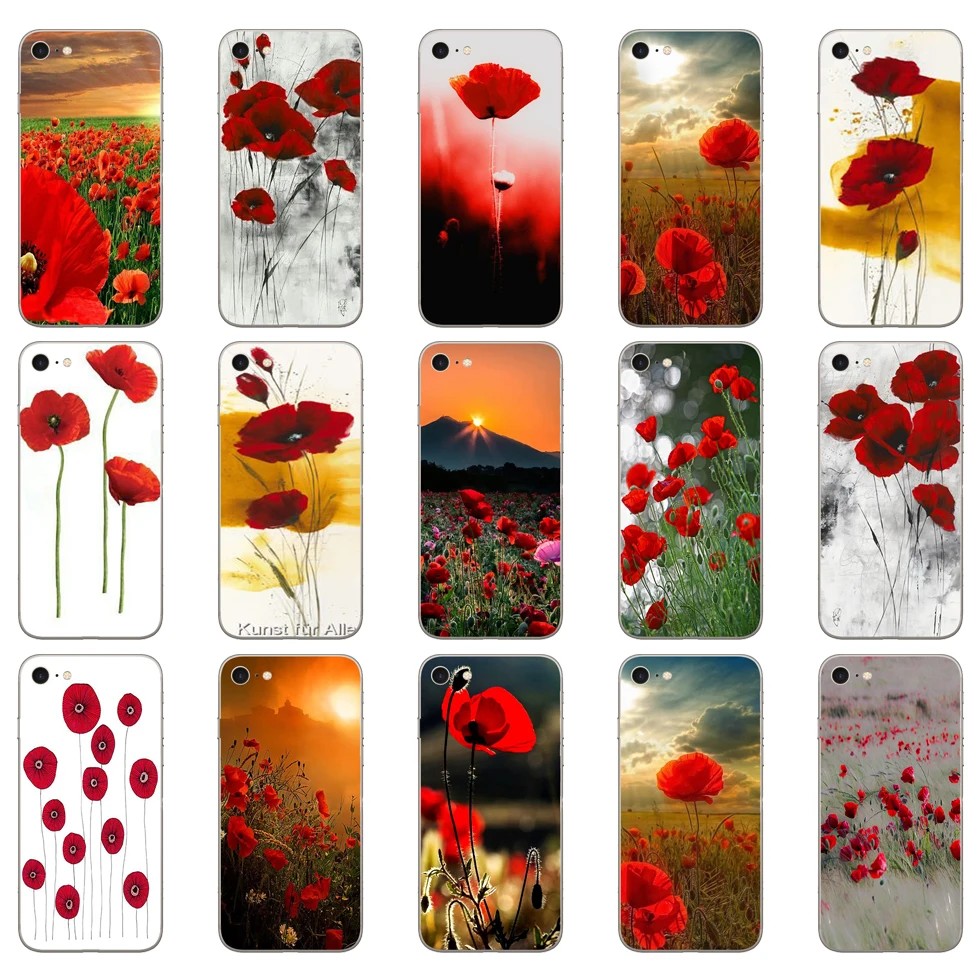 63dd red poppies on black style soft silicone cover case for iphone 5 5s se 6 6s 8 plus 7 7 plus x xs sr max case free global shipping