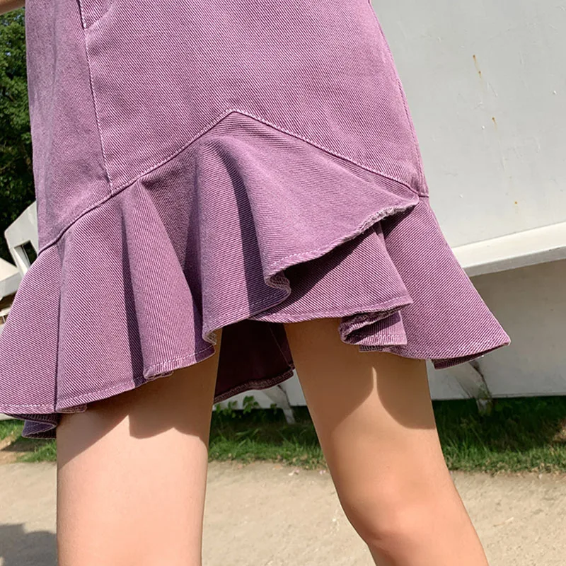 

Purple Blue Or White Denim Mermaid Skirt Mini High Waist Jean Skirts For Ladies 2020 New Summer Pockets Jeans Skirts Womens