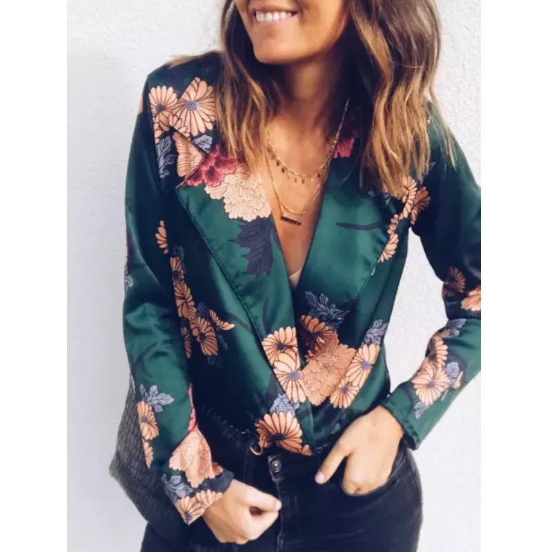 

Women Sexy Floral Tuxedo Wrap Over Satin Bodysuit Leotard Top Jumpsuit Female Long Sleeve V Neck Summer Stain Bodysuit Tops