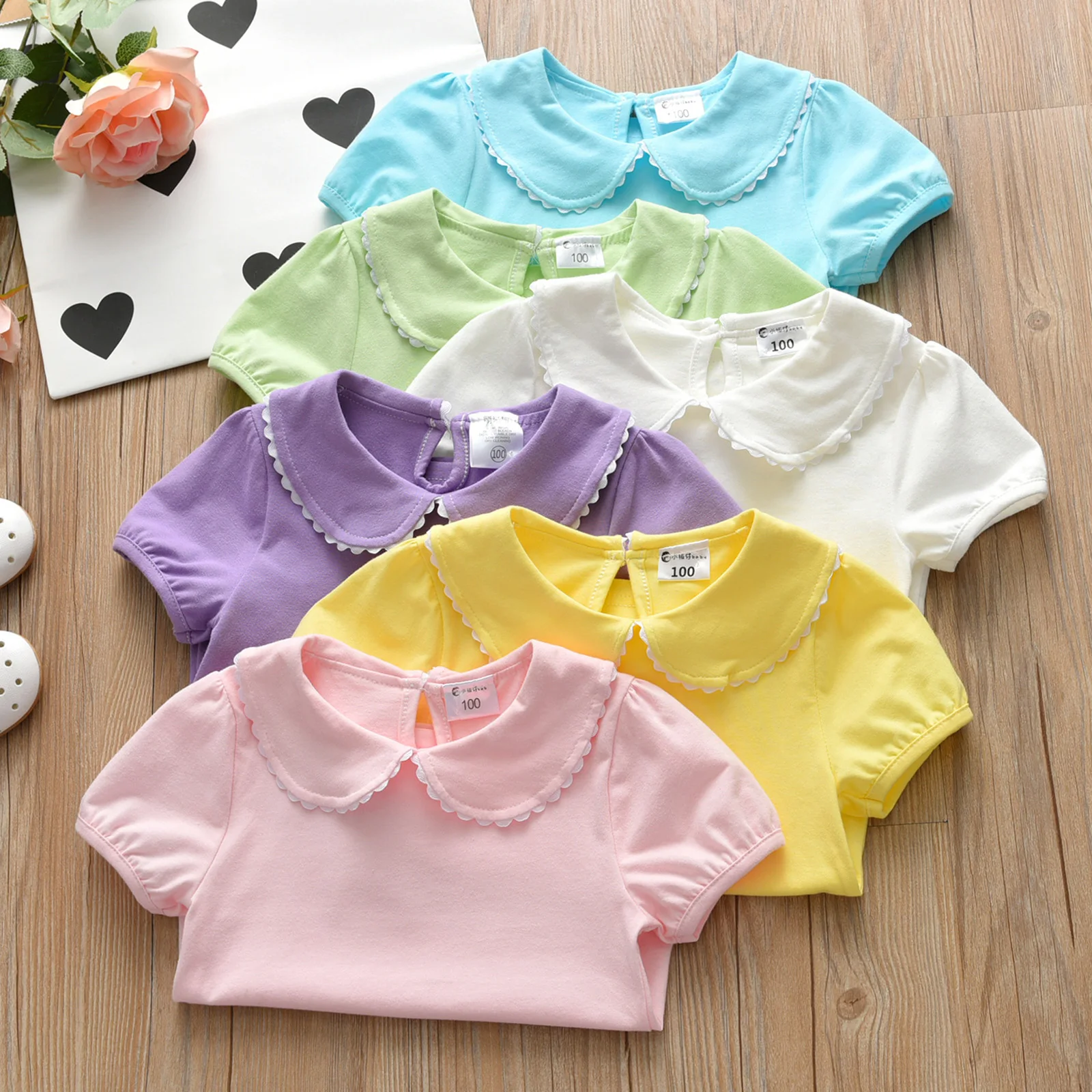 

2021 Summer Baby Clothing Kids Girl Cotton Basic T Shirt Pan Collar Children Short Sleeve Top Tees For Kids Candy Color Shirt