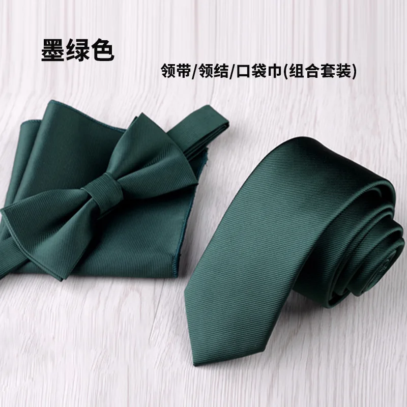 6CM Tie Solid Color Neckties Green Navy Blue Black Tie Bowtie Handkerchief Set Gravata Slim Ties For Men Corbata Pañuelo Hombre