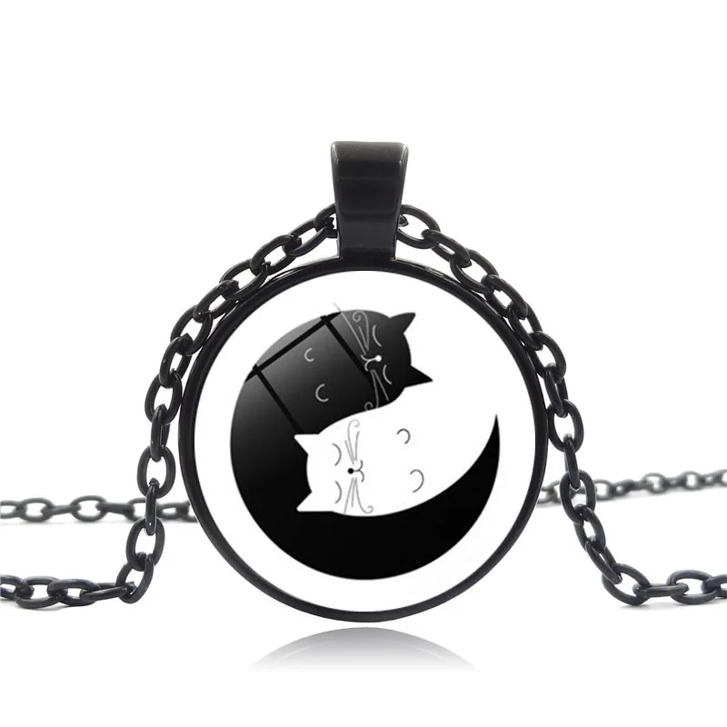 DoreenBeads модное стекло время ожерелье Demo два Инь Ян кошки с длинной цепочкой черно