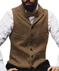 Мужской костюм жилет с лацканами V-образным вырезом шерсть в елочку Повседневный официальный деловой жилет для шафера для свадьбы зеленыйбордовыйкоричневый