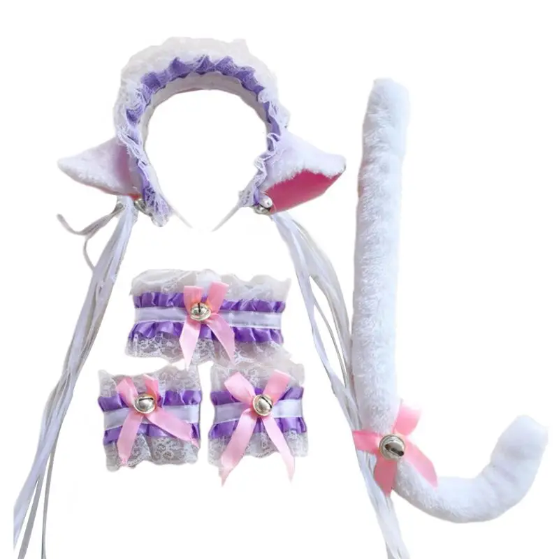 

Women Anime Lolita Cosplay Costume Accessory Cat Ear Headband Lace Bowknot Bell Choker Necklace Bracelet with Plush Tail