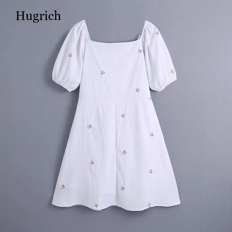 

2021 Summer Women French Style Embroidery Dress Short Sleeve Female Sweet Mini Dress