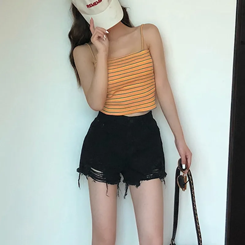 

Women Camisoles Summer Women Casual Striped Camisoles Sleeveless Square Collar Short Crop Tops Sexy Short Tee