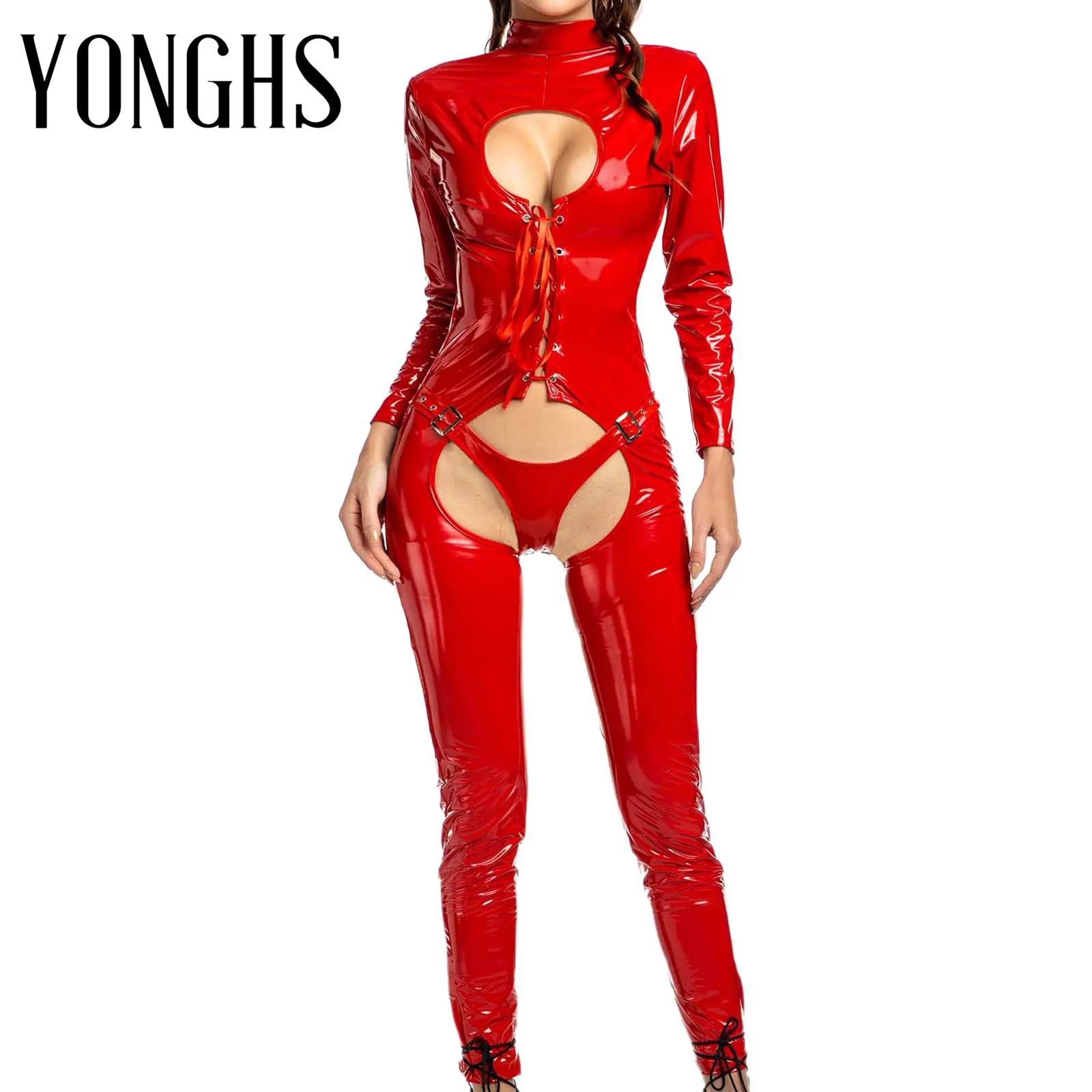 

Womens Erotic Patent Leather Teddies Bodysuit Keyhole Lace-up Front Crotchless Romper High Neck Long Sleeve Open Butt Bodycon