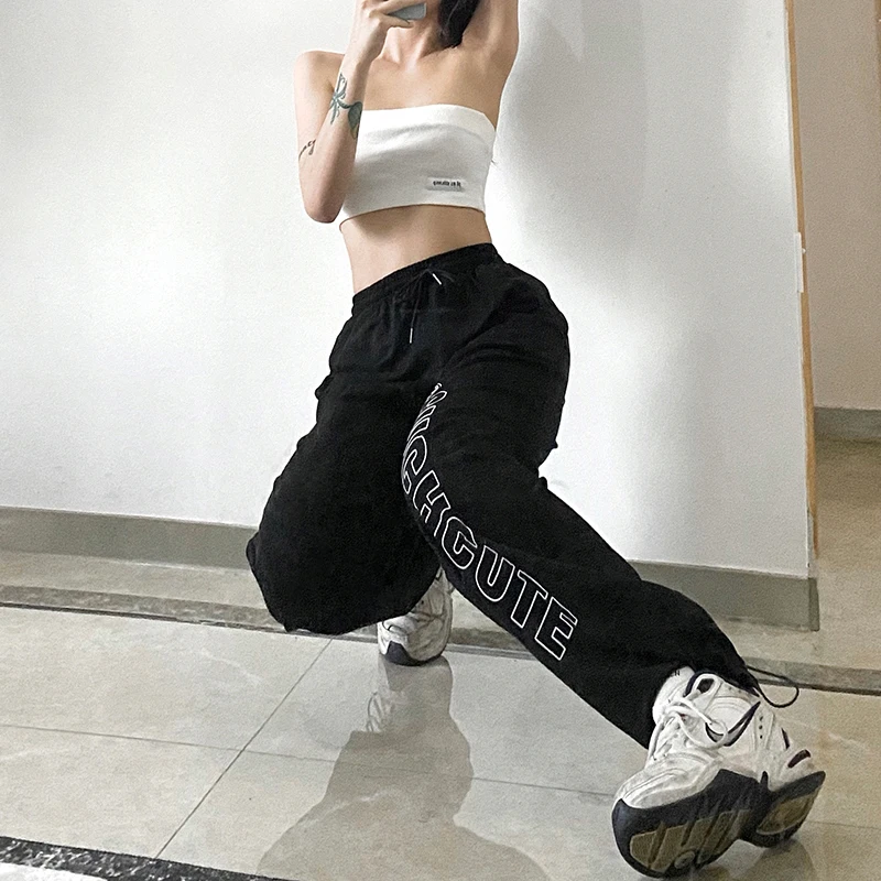 

Weekeep Casual Letter Print Baggy Women Sweatpants Lace Up High Waist Harajuku Trousers Summer Black Streetwear Jogger y2k Pants