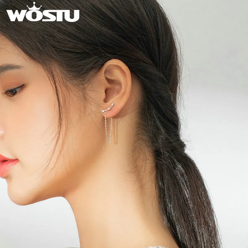 WOSTU блестящая цепь со звездами серьги подвески из 100% серебра 925 пробы Длинные
