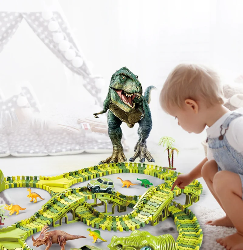 

DIY Assemble Dinosaur Track Puzzle Toy For Children Boys Girls Educational Plastics Removable Bend Building Block Track Car Toys