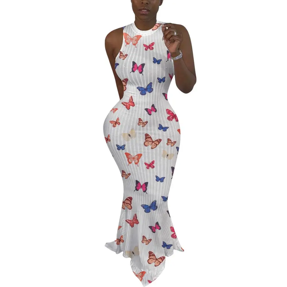 Женское повседневное облегающее платье майка без рукавов с принтом бабочки
