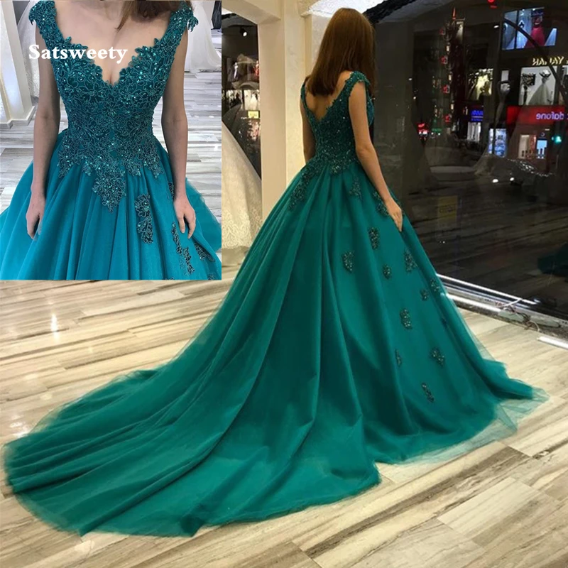 

Hunter Green Prom Dresses V-neck Sleeveless Appliques Beading Elegant Princess Ball Gown Chapel Train Women Formal Party Dresses