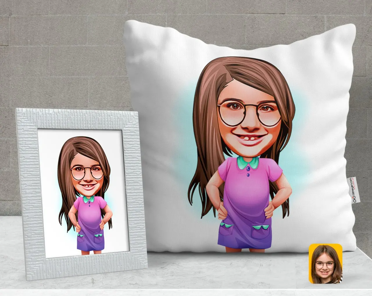 

Персонализированные женский ребенка карикатура декоративная подушка и рамка подарок Seti-3